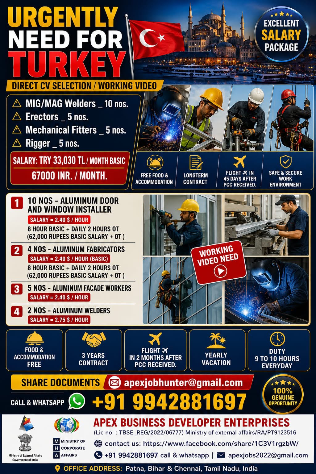 URGENT HIRING FOR TURKEY