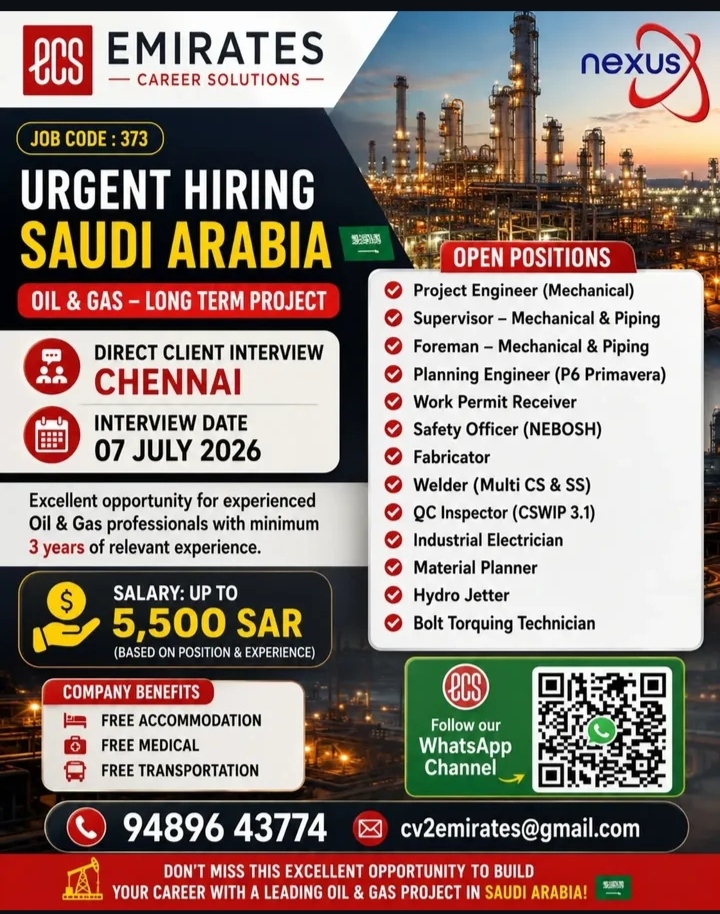 URGENT HIRING IN SAUDI ARABIA FOR LONG TERM PROJECT