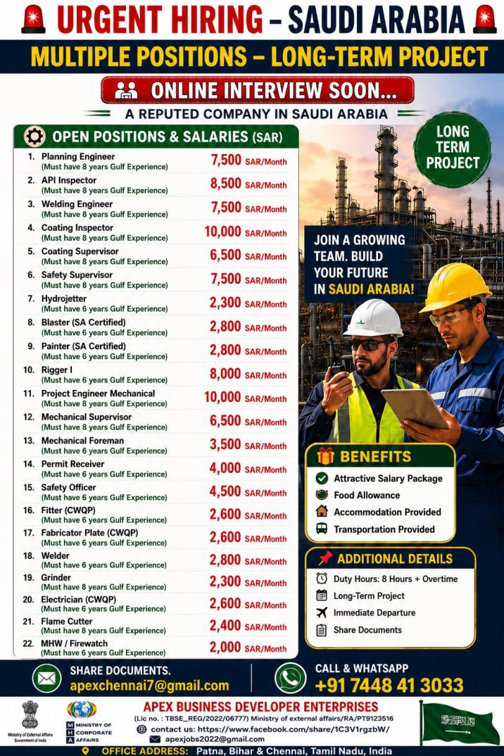 Urgent hiring in Saudi Arabia