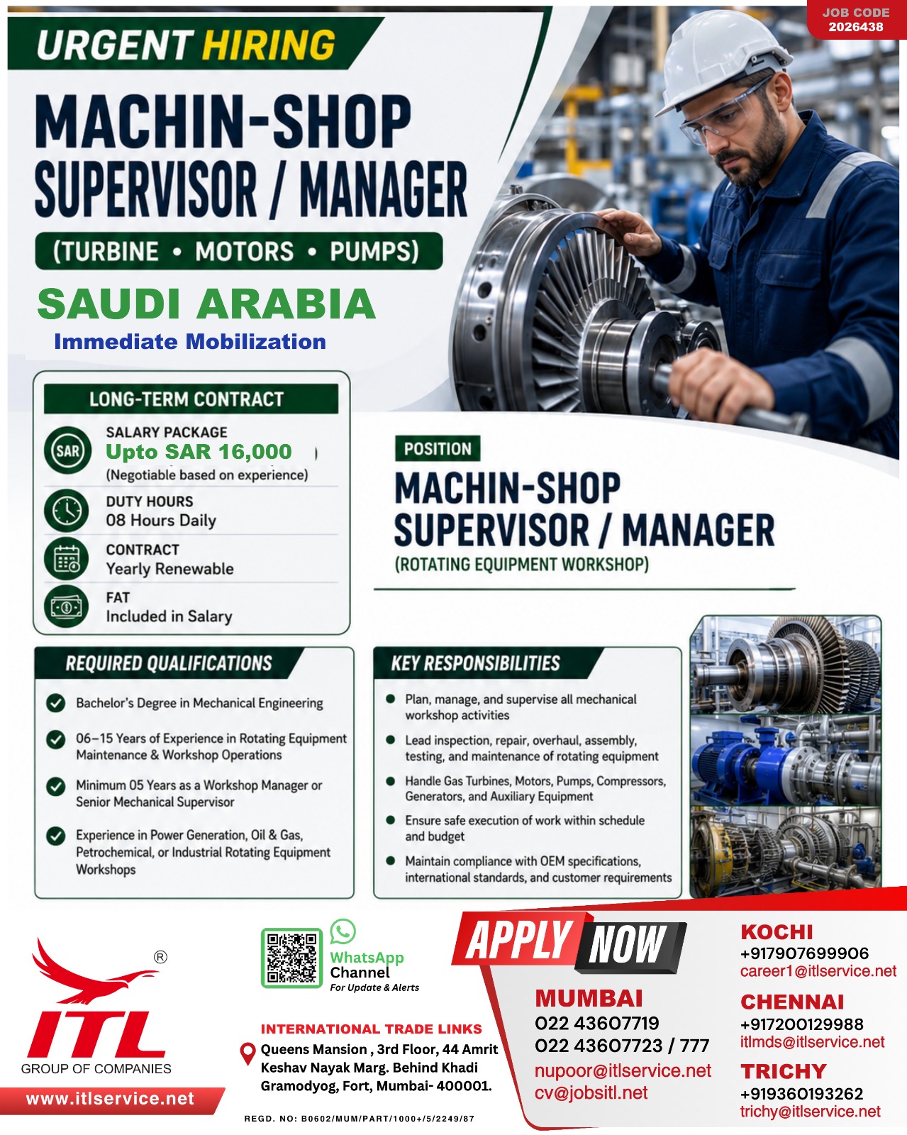 Urgent Hiring: Machin-Shop Supervisor / Manager (Saudi Arabia)