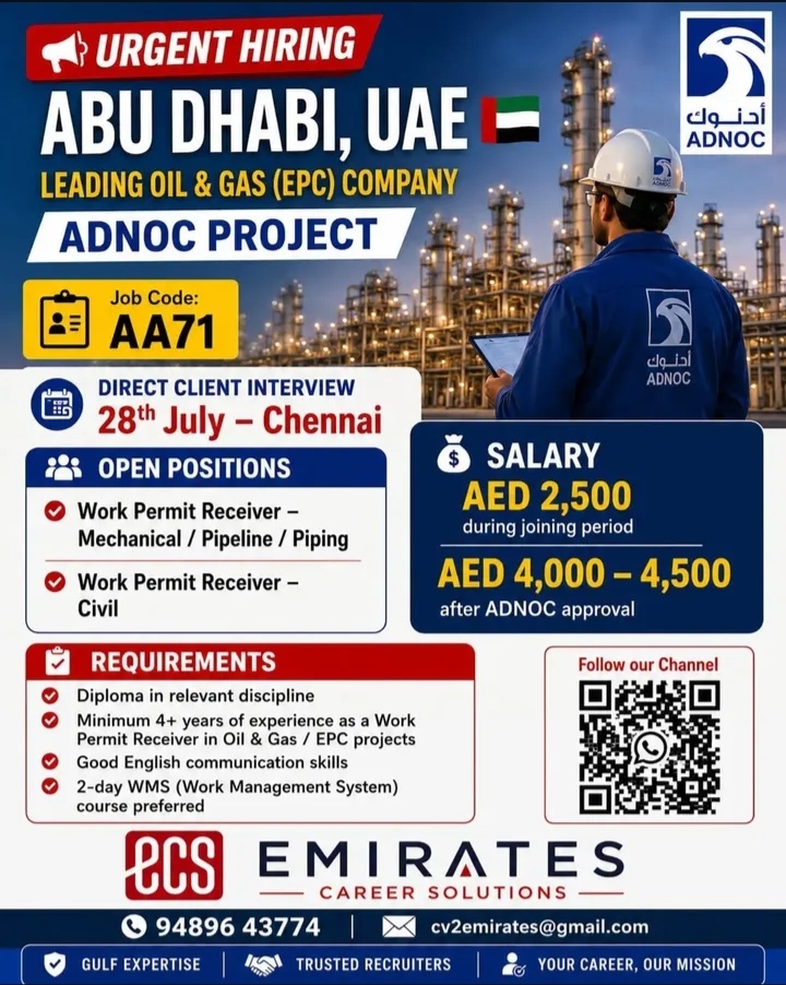 Urgent Hiring: Work Permit Receivers for ADNOC Project