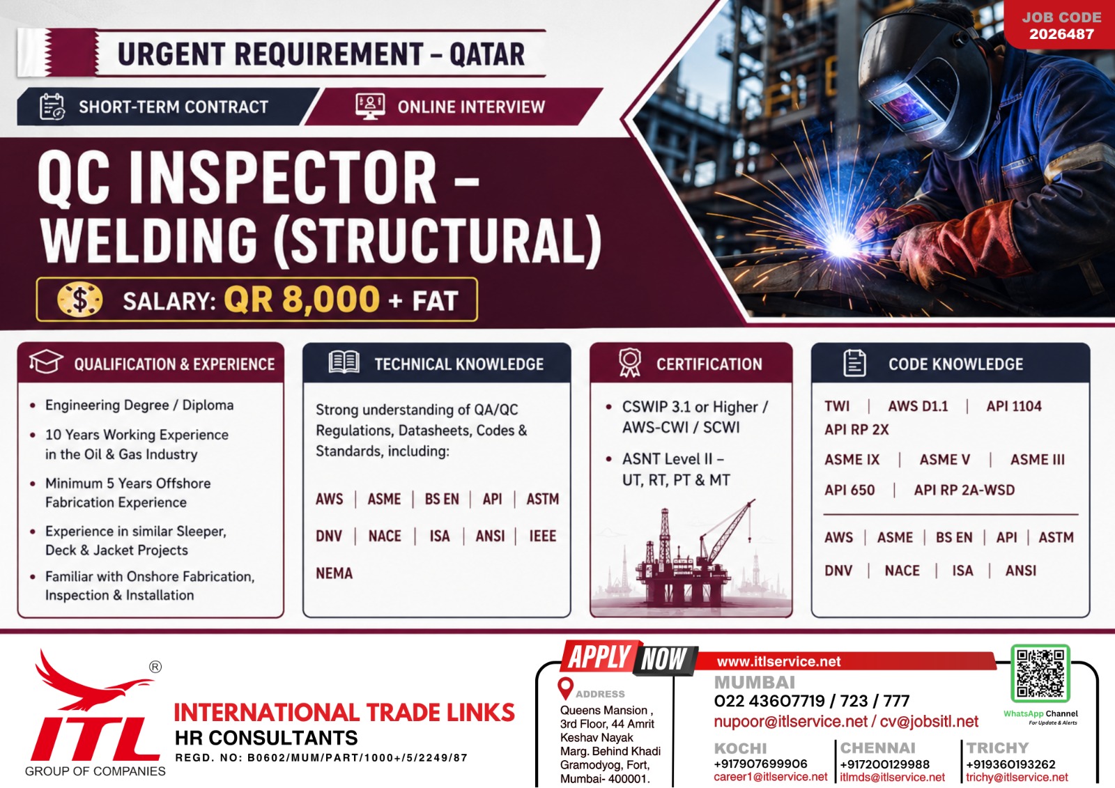 Urgent Job Opening: QC Inspector - Welding (Structural) in Qatar