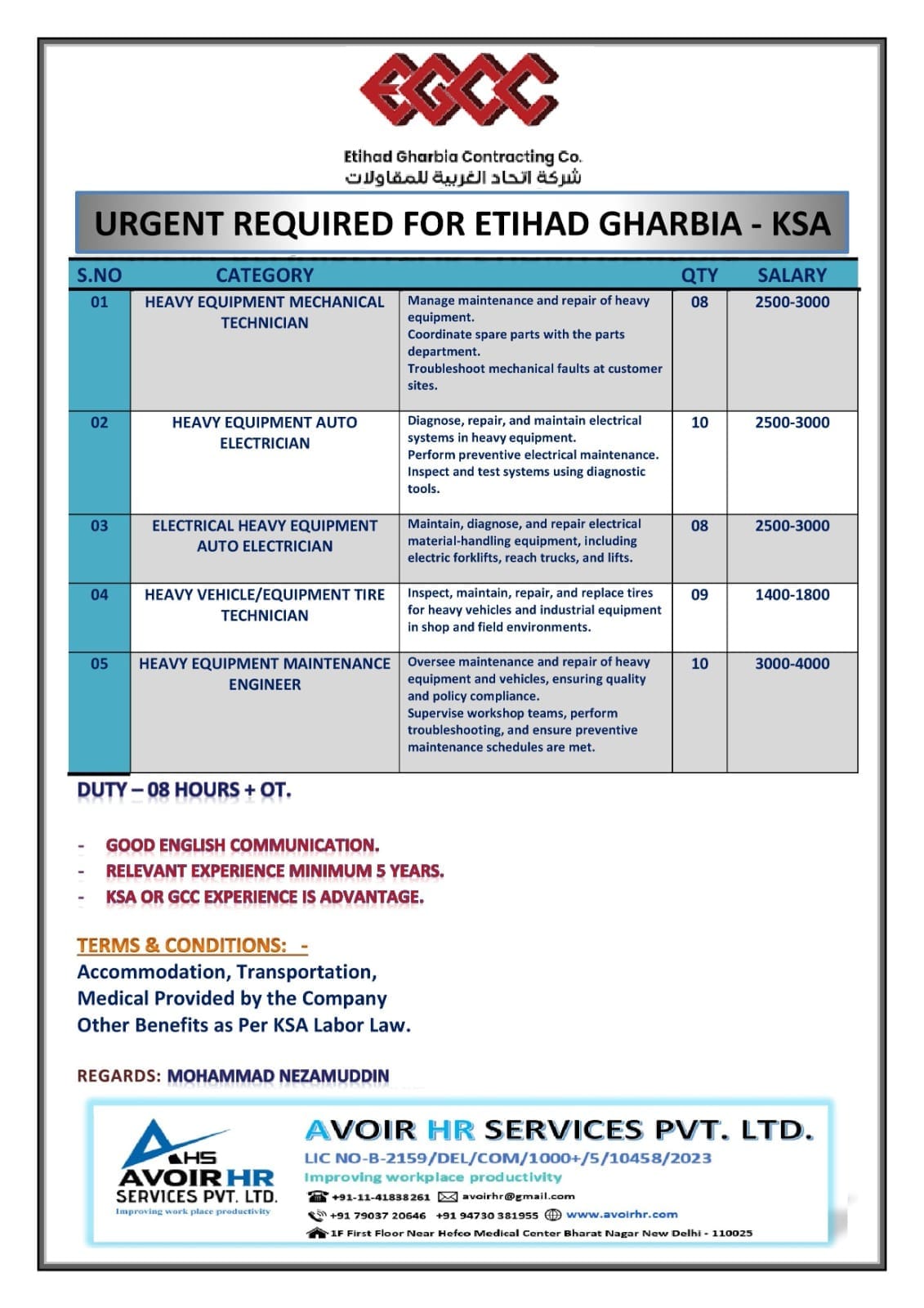 Urgent Job Vacancies: Etihad Gharbia Contracting Co. (KSA)