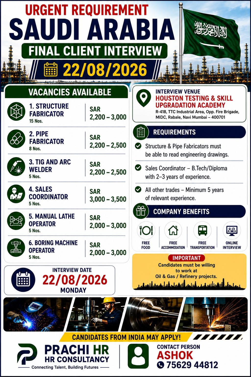 Urgent Job Vacancies in Saudi Arabia (Client Interview: 22/08/2026)