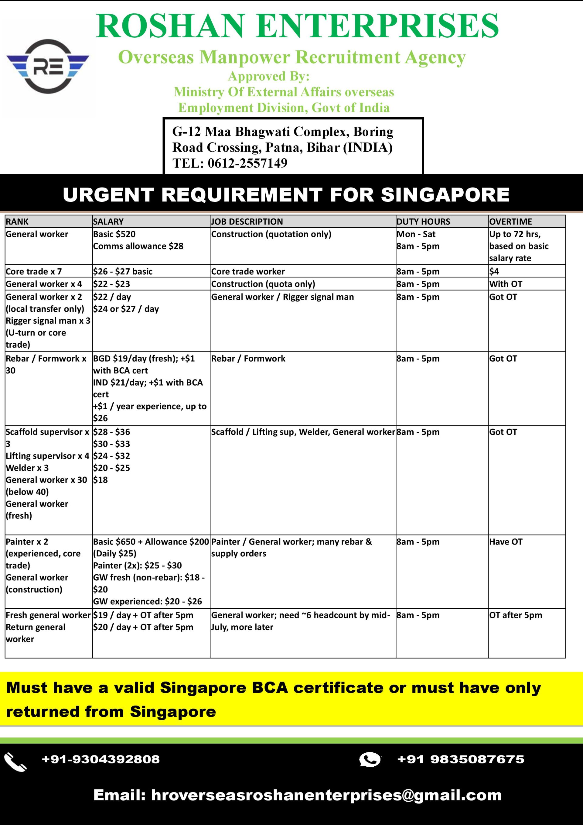 Urgent Manpower Requirement Advertisement for Singapore Construction Jobs (Roshan Enterprises)