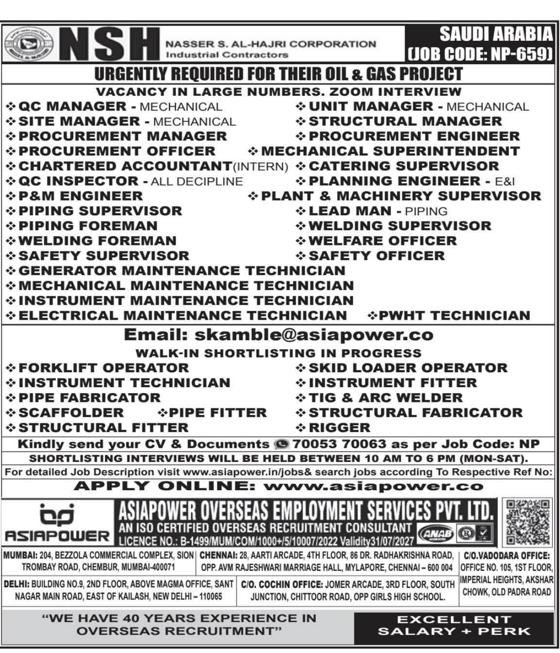 Urgent Recruitment for Saudi Arabia Oil & Gas Project (Asiapower)