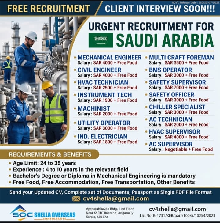 Urgent Recruitment for Saudi Arabia – Shella Overseas Consultants