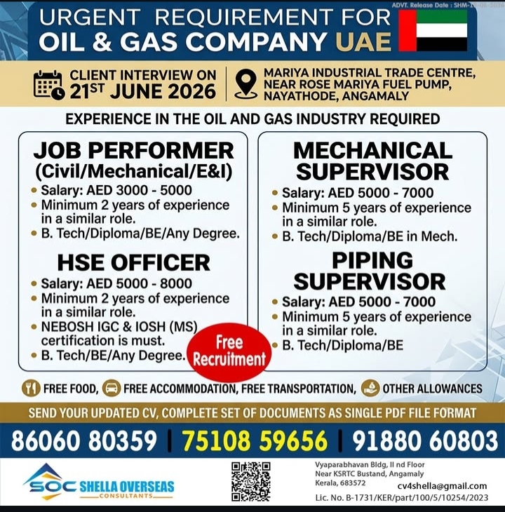Urgent requirement for oil and gas company in UAE