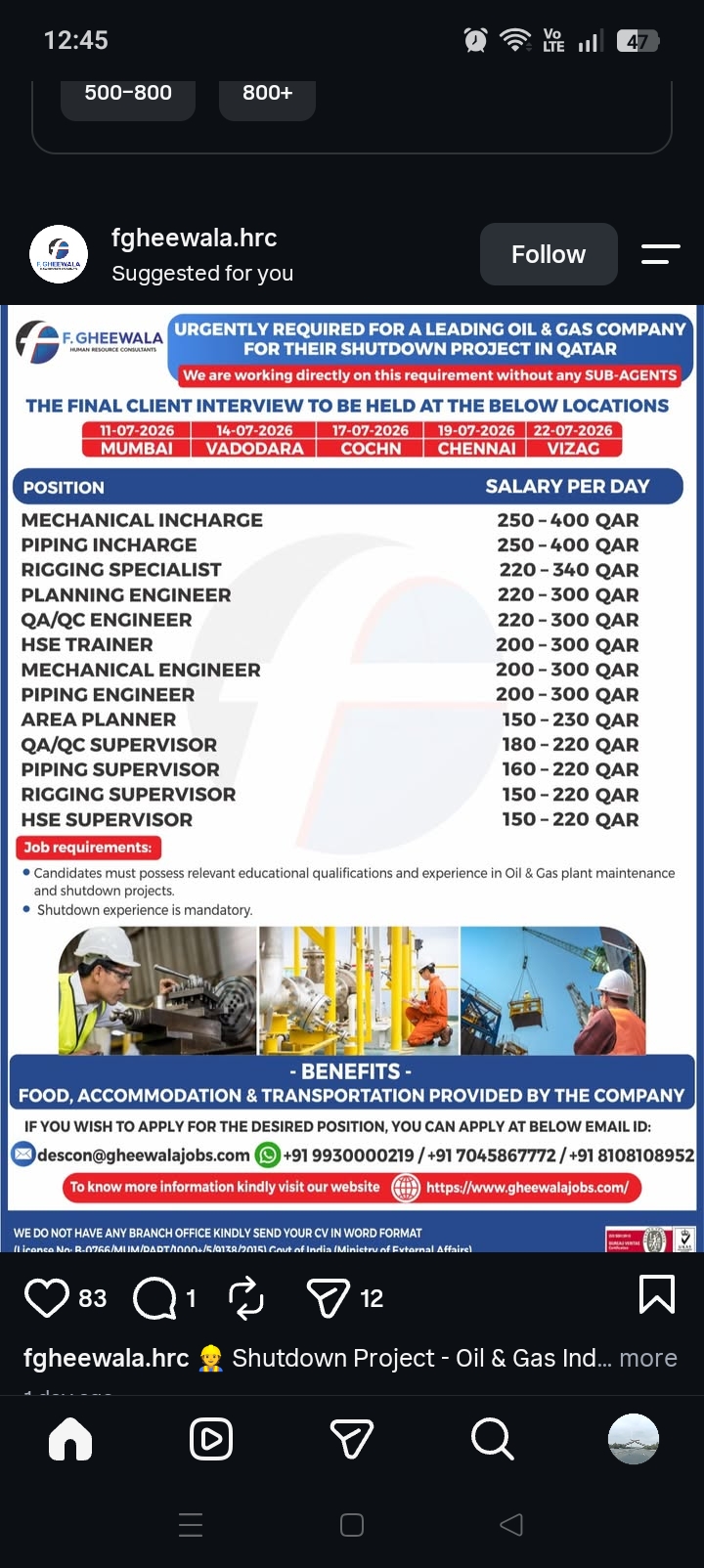 urgent requirement for qatar project