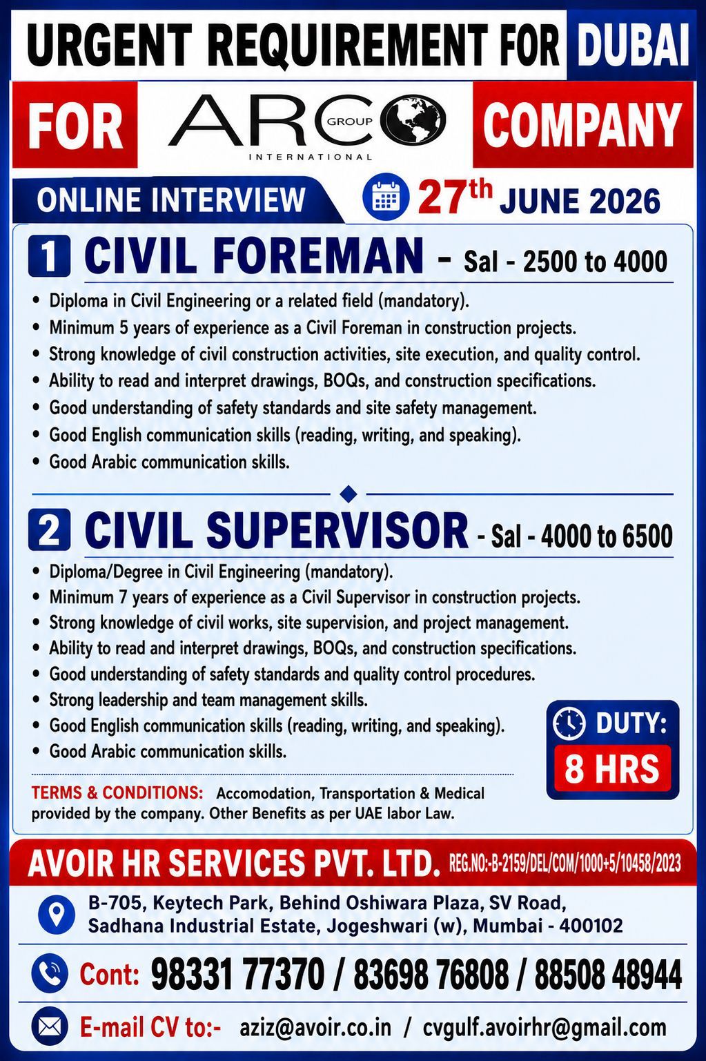 Urgent Requirement in Dubai