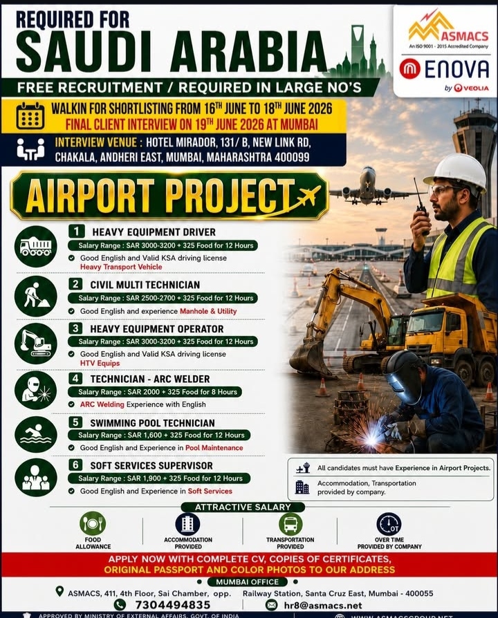 Urgent requirement in Saudi Arabia