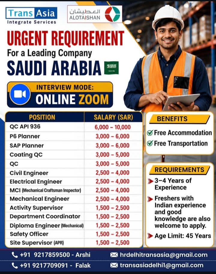 URGENT REQUIREMENT: Job Openings in Saudi Arabia (Online Zoom Interviews)