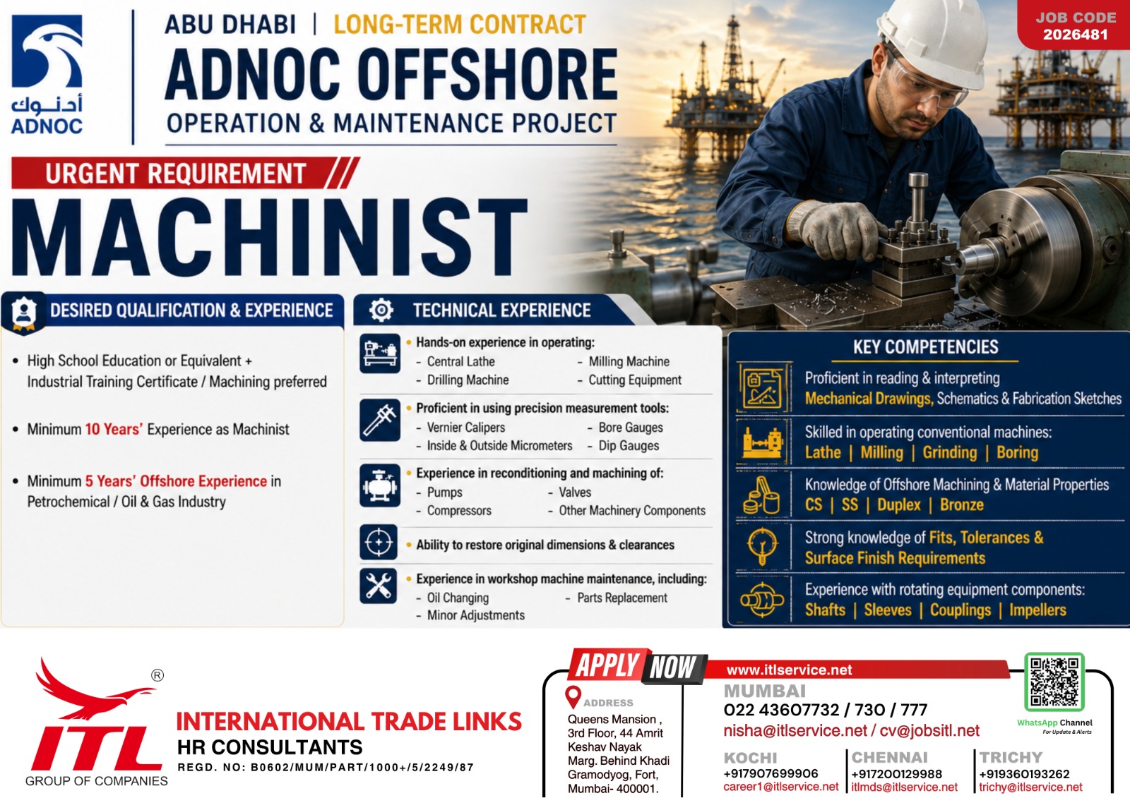 Urgent Requirement: Machinist (ADNOC Offshore Operation & Maintenance Project)