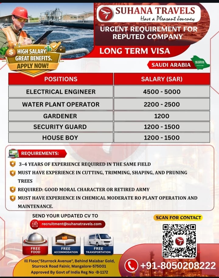 URGENT REUQIREMENT FOR REPUTED COMPANY SAUDI ARABIA