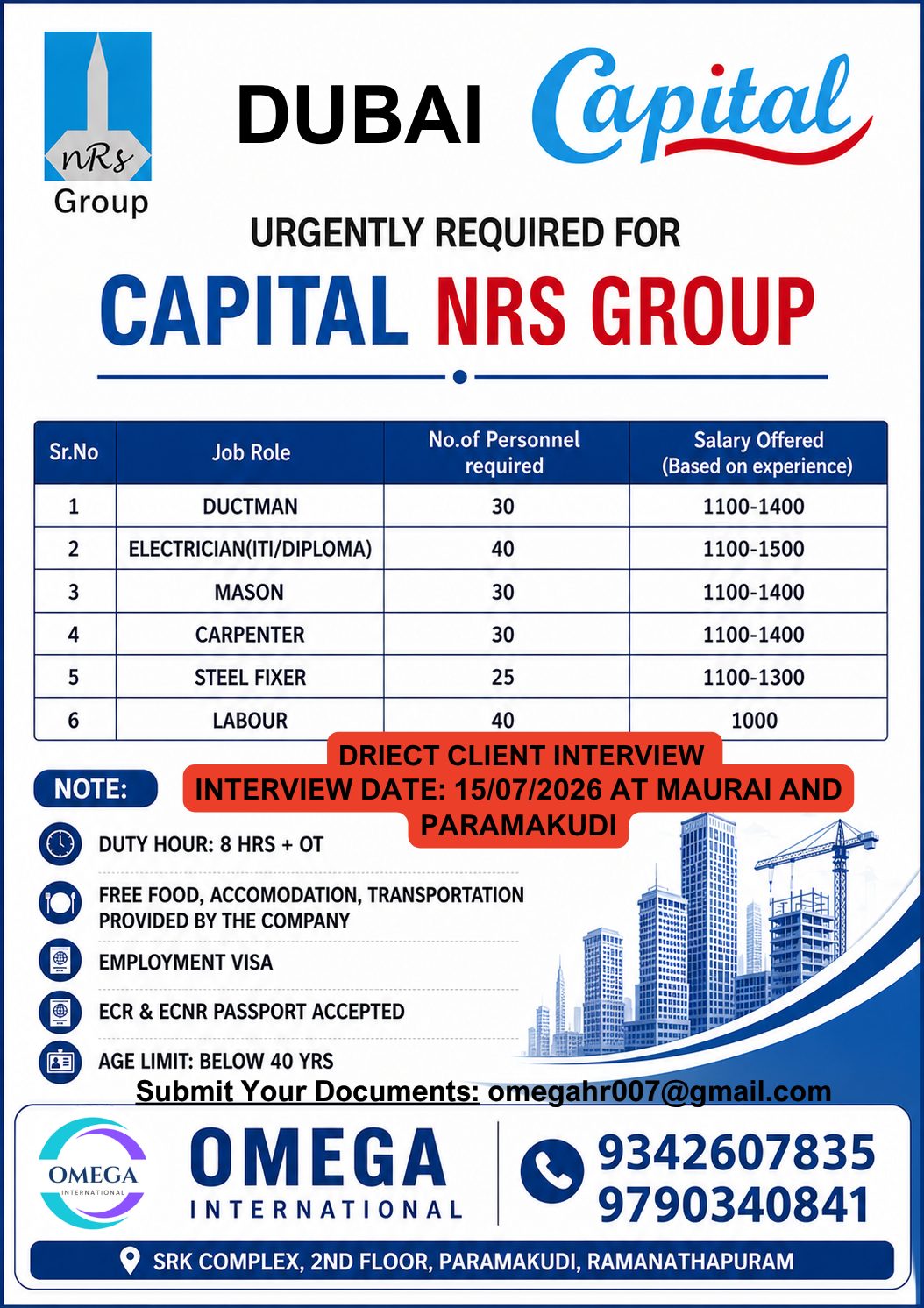 URGENTLY HIRING FOR DUBAI