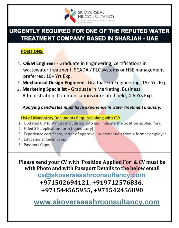 Urgently Hiring: Water Treatment Professionals in Sharjah, UAE