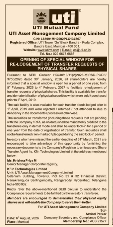 UTI Asset Management Company Notice on Re-Lodgement of Physical Shares Transfer Requests