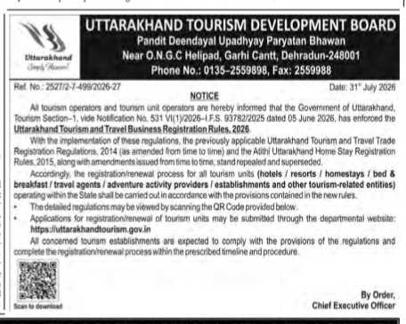 Uttarakhand Tourism and Travel Business Registration Rules, 2026