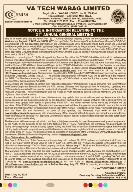 VA Tech Wabag Limited 31st Annual General Meeting Notice (July 2026)