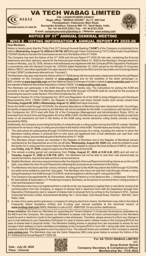VA Tech Wabag Limited 31st Annual General Meeting Notice
