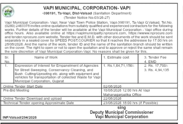 Vapi Municipal Corporation Street Sweeping & Waste Transportation Tender Notice (2026)