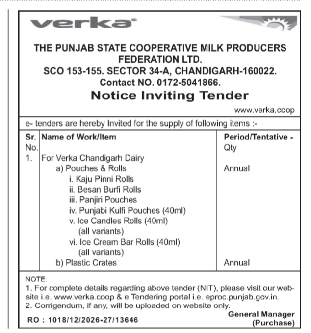 Verka Notice Inviting Tender for Pouches, Rolls, and Plastic Crates (2026-27)
