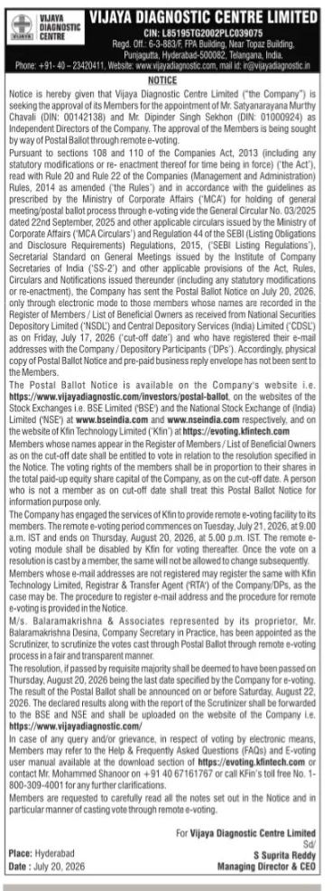 Vijaya Diagnostic Centre Limited Public Notice: Appointment of Independent Directors and Remote E-Voting Schedule (July-August 2026)