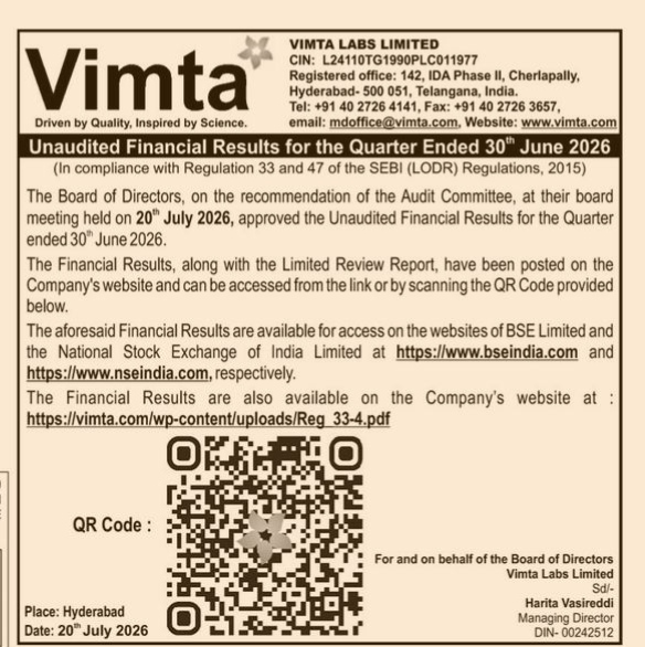 Vimta Labs Limited Unaudited Financial Results Notice (Q1 FY 2026-27)