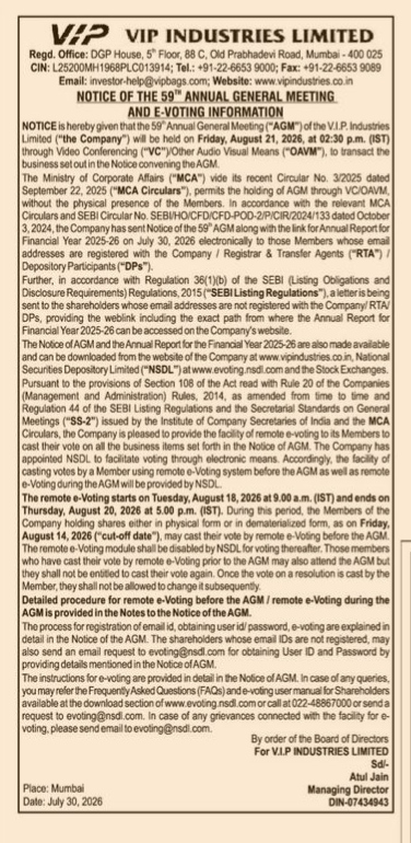 VIP Industries Limited: Notice of the 59th Annual General Meeting and E-Voting Information