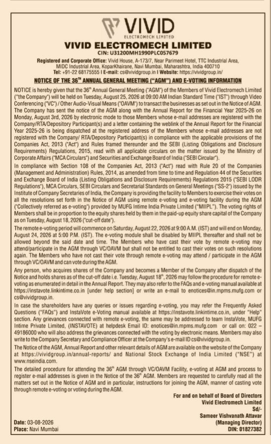 Vivid Electromech Limited Notice of 36th Annual General Meeting (AGM) and E-Voting Information