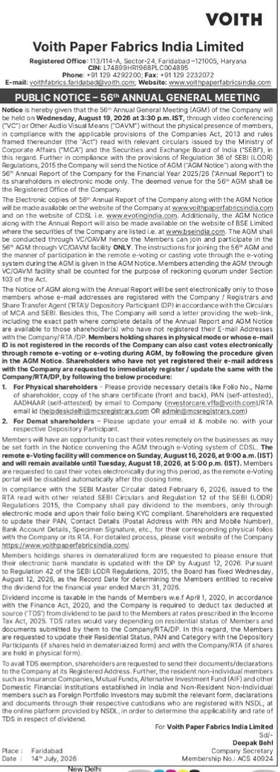 Voith Paper Fabrics India Limited: Notice of 56th Annual General Meeting