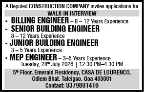 Walk-In Interview Advertisement for Construction Engineers