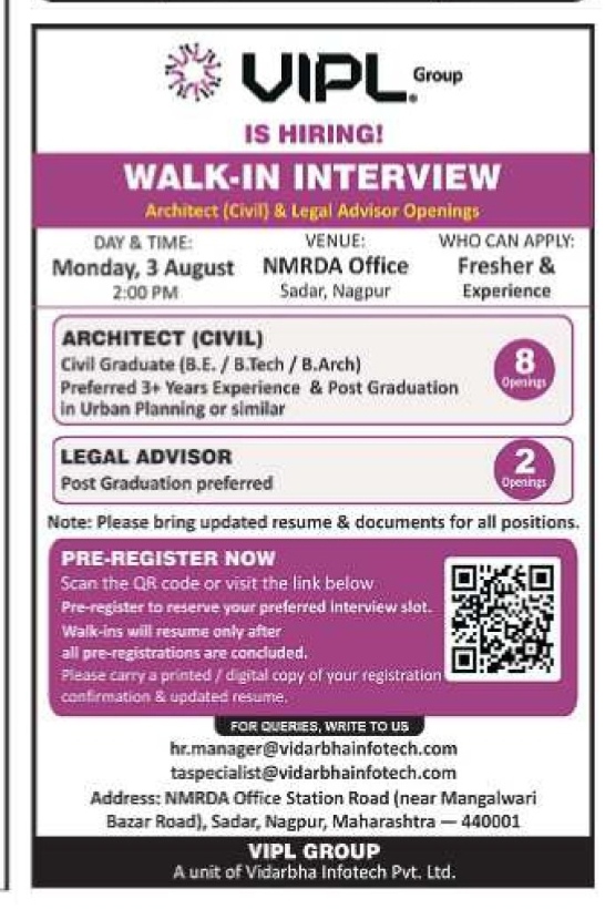 Walk-In Interview Advertisement for VIPL Group