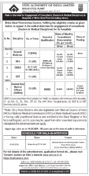 Walk-in Interview for Engagement of Consultants (Doctors) at Bhilai Steel Plant (SAIL)