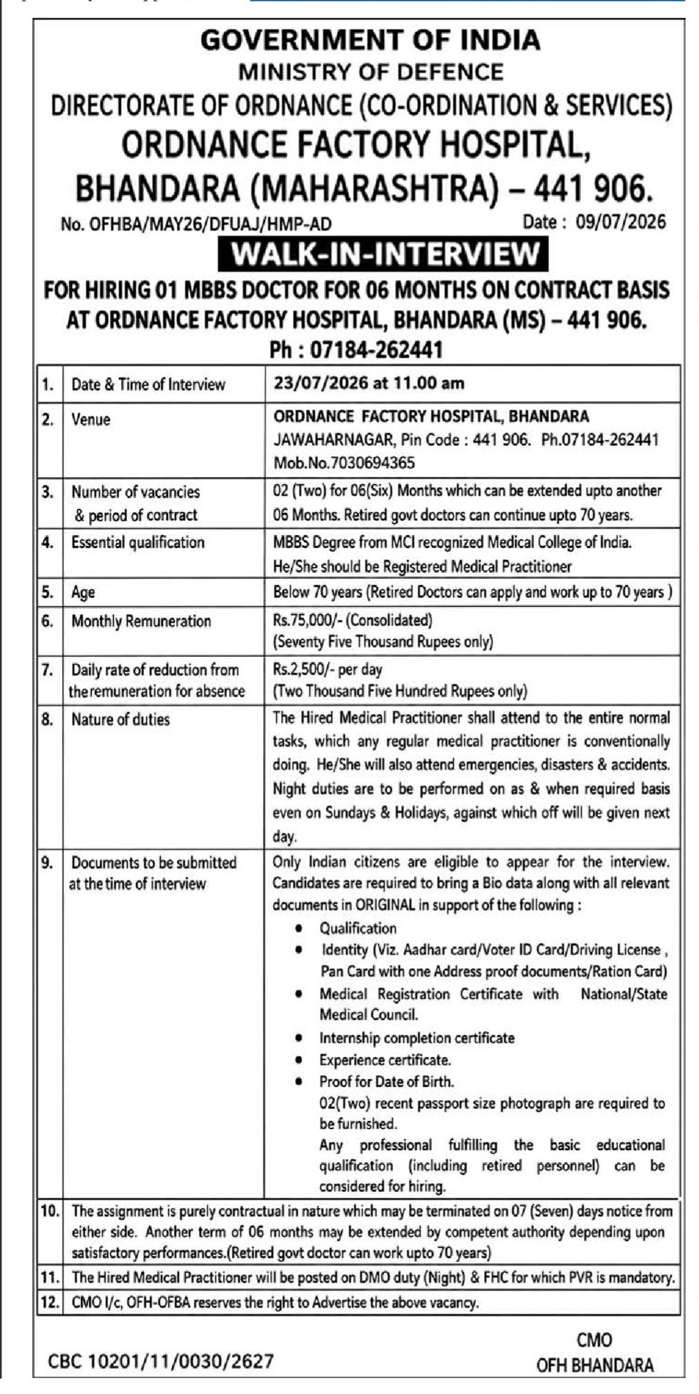 Walk-In-Interview for MBBS Doctor at Ordnance Factory Hospital, Bhandara