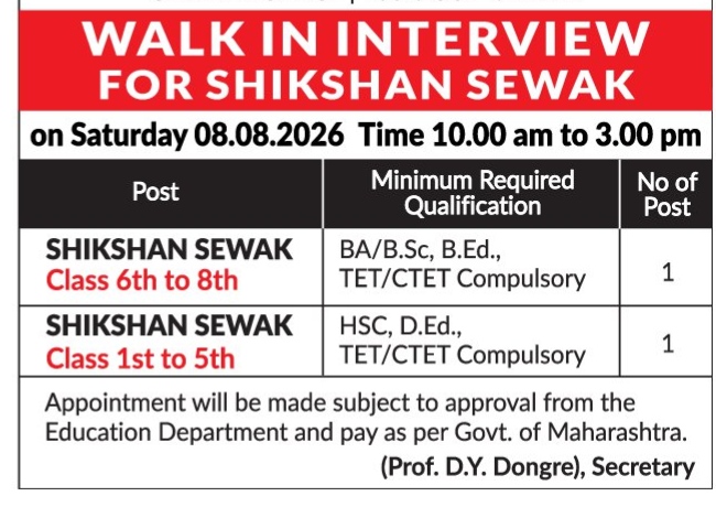 Walk-In Interview Notification for Shikshan Sewak Posts (August 2026)