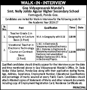 Walk-In Interview Notification for Smt. Nelly Joildo Aguiar Higher Secondary School (Academic Year 2026-27)