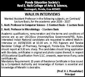 Walk-In Interviews for Assistant Professor Openings at PES Ravi S. Naik College, Goa (Academic Year 2026-2027)