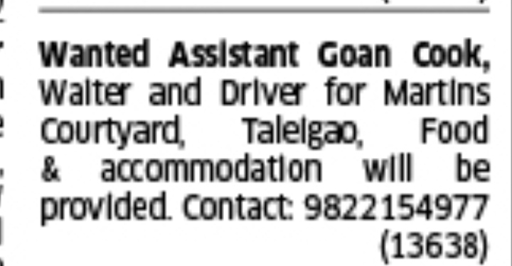 Wanted Assistant Goan Cook, Waiter, and Driver.
