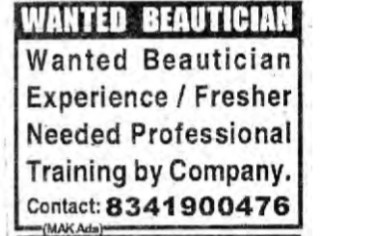 WANTED BEAUTICIAN