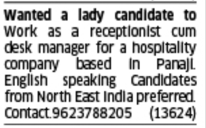 Wanted: Receptionist cum Desk Manager