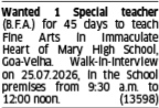 WANTED SPECIAL TEACHER FOR 45 DAYS ONLY