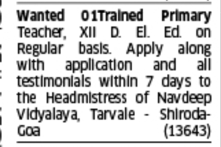 Wanted: Trained Primary Teacher (Goa)