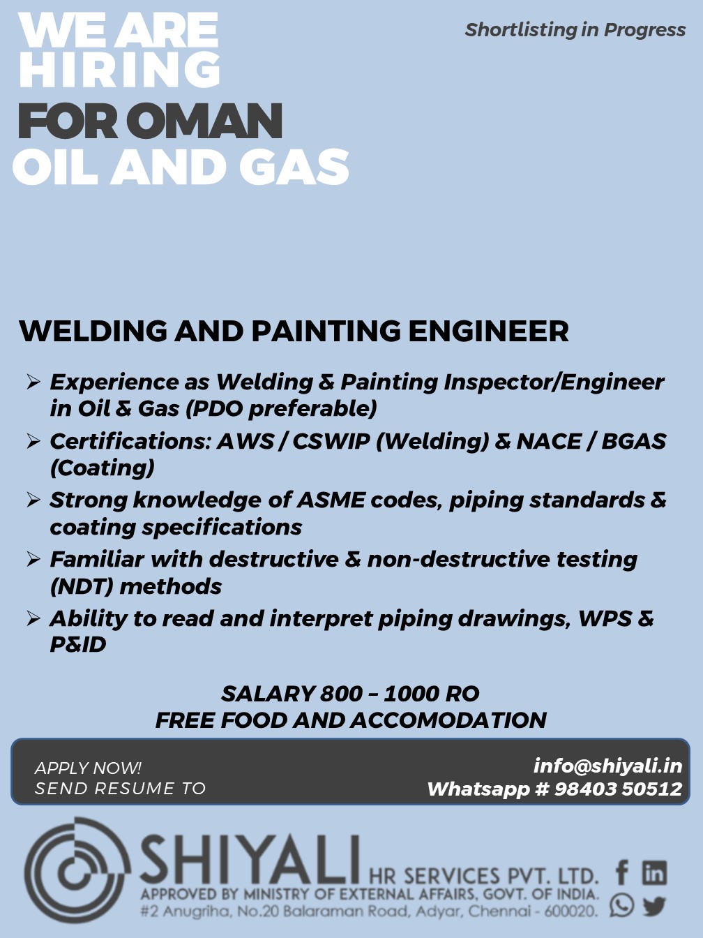 WE ARE HIRING FOR OIL AND GAS COMPANY IN OMAN