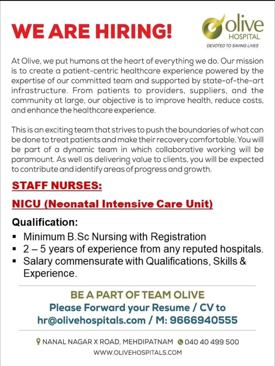 We are Hiring for staff Nurse
