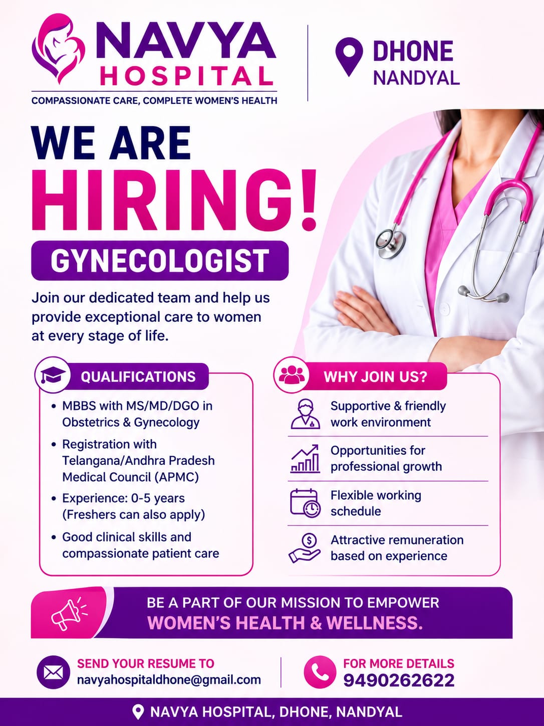 We Are Hiring: Gynecologist Needed at Navya Hospital!