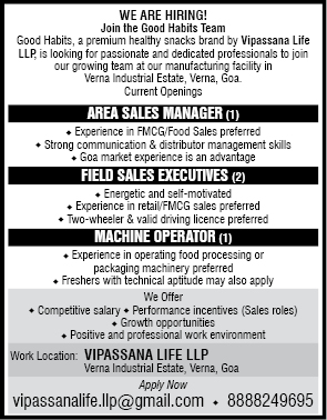We Are Hiring: Sales & Manufacturing Roles in Goa