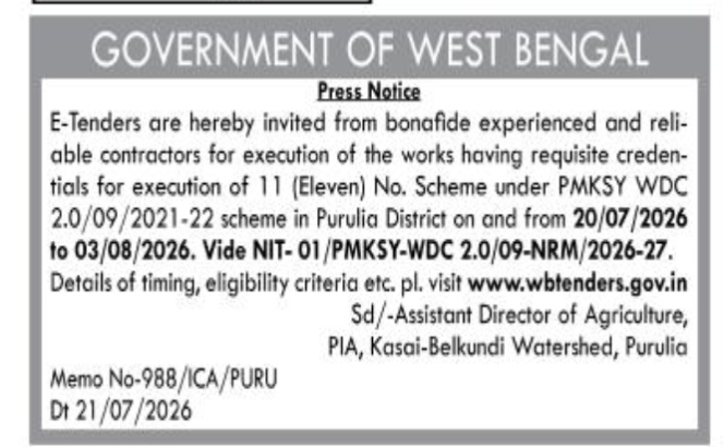 West Bengal Government E-Tender Notice for PMKSY WDC 2.0 Schemes in Purulia