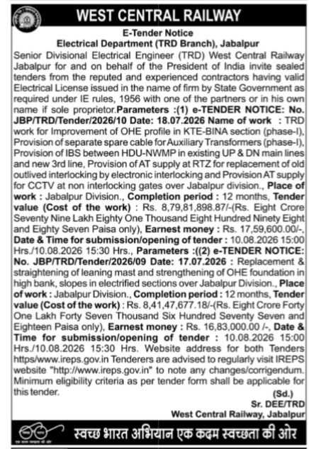 West Central Railway E-Tender Notice for Electrical Works (July 2026)