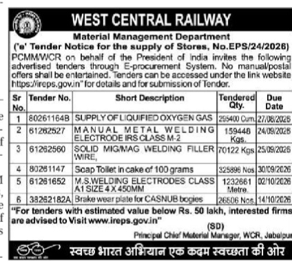 West Central Railway E-Tender Notice (No. EPS/24/2026) for Supply of Stores.